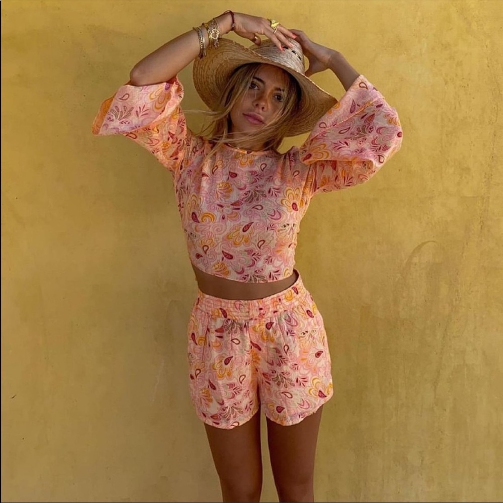 Zara Set - Salmon Printed Crop Top and Shorts
